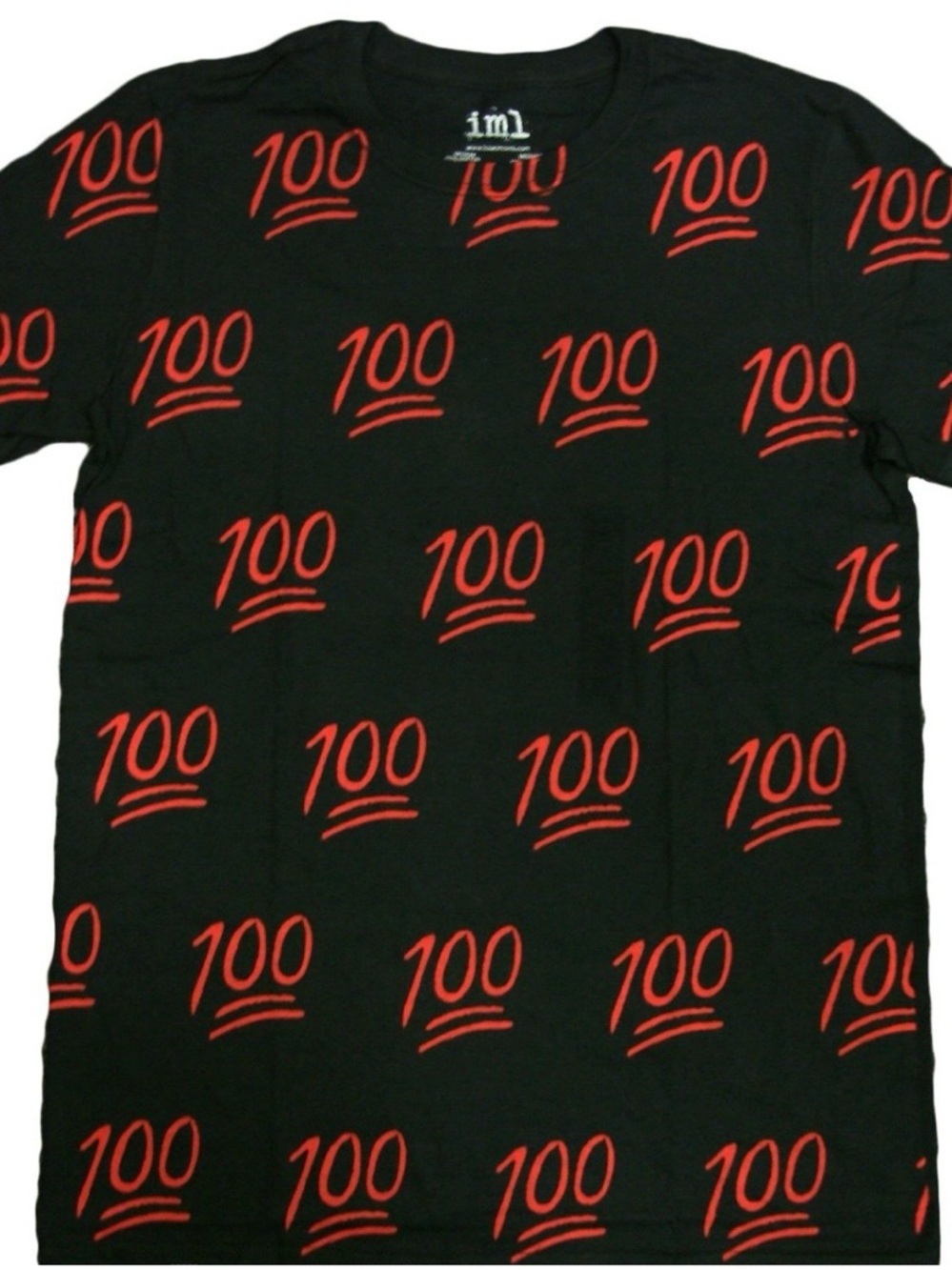 Black Short-Sleeve Tee with Red '100' All-Over Print